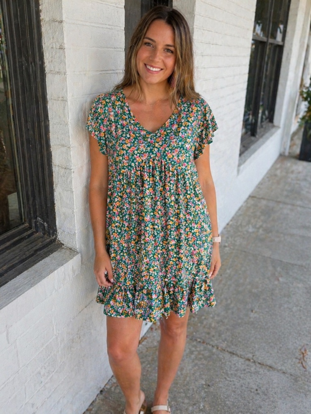 Green Floral V-Neck Ruffle Mini Dress